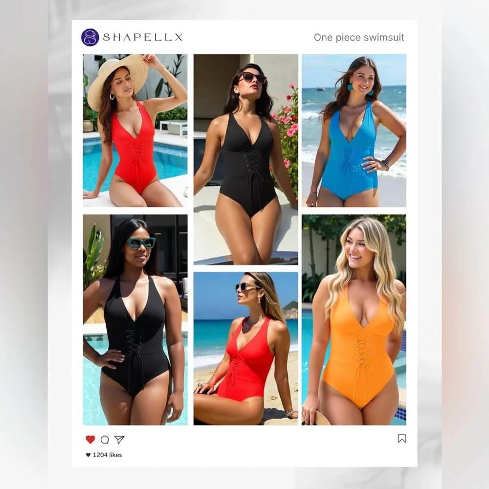 SHAPELLX Women's Slimming Swimwear Push Up V Neck Tummy Control Swim Suits Blue